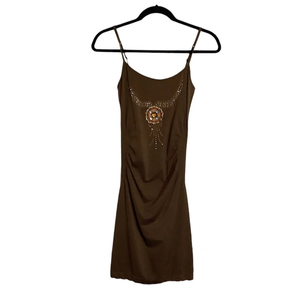Festival Bohemian Mini  Bodycon Brown Beaded Country Western Sexy Womens SZ L